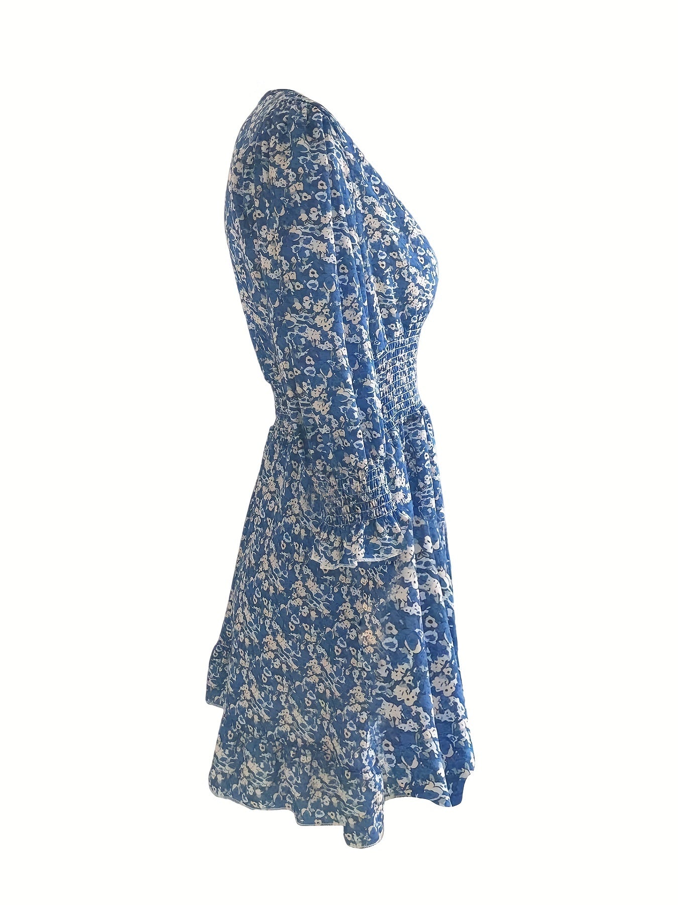 V-neck Printed Dress With Ruffled Waist, Exquisite And Elegant Design-perfect For Spring And Autumn.