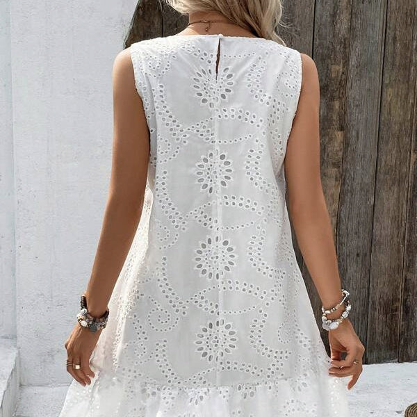 Ladies' Solid Color Vacation Style Hollow Flower Pattern Details Round Neck Off Shoulder Wide Shoulder Strap Mushroom Edge Hanging Pleat Elegant Style Dress