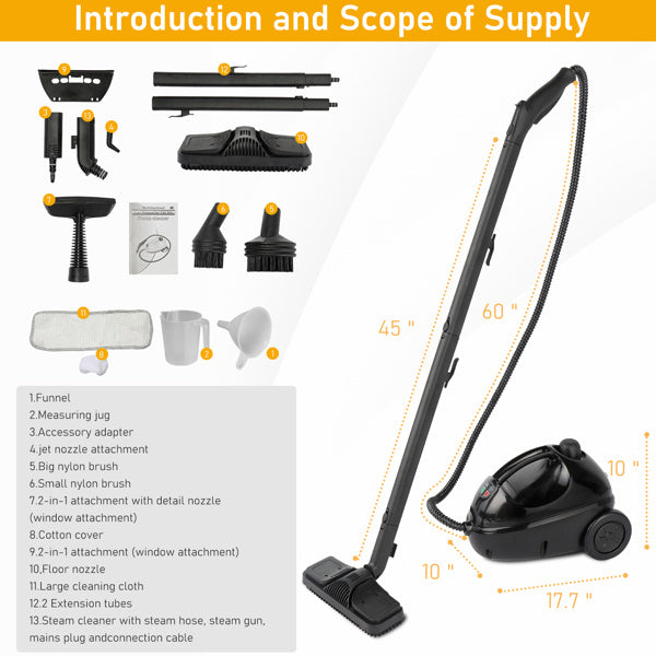 American Standard VSC28A Steam Cleaner 110V 1500W With 13 Accessories Aluminum Boiler Black Maximum Capacity 1200ML Continuous Operation For 20 Minutes