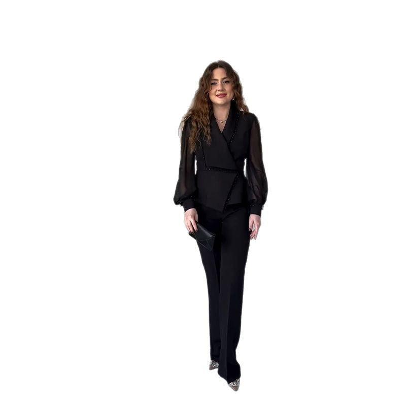 Chiffon Patchwork Blazer Straight-leg Pants Black Suit