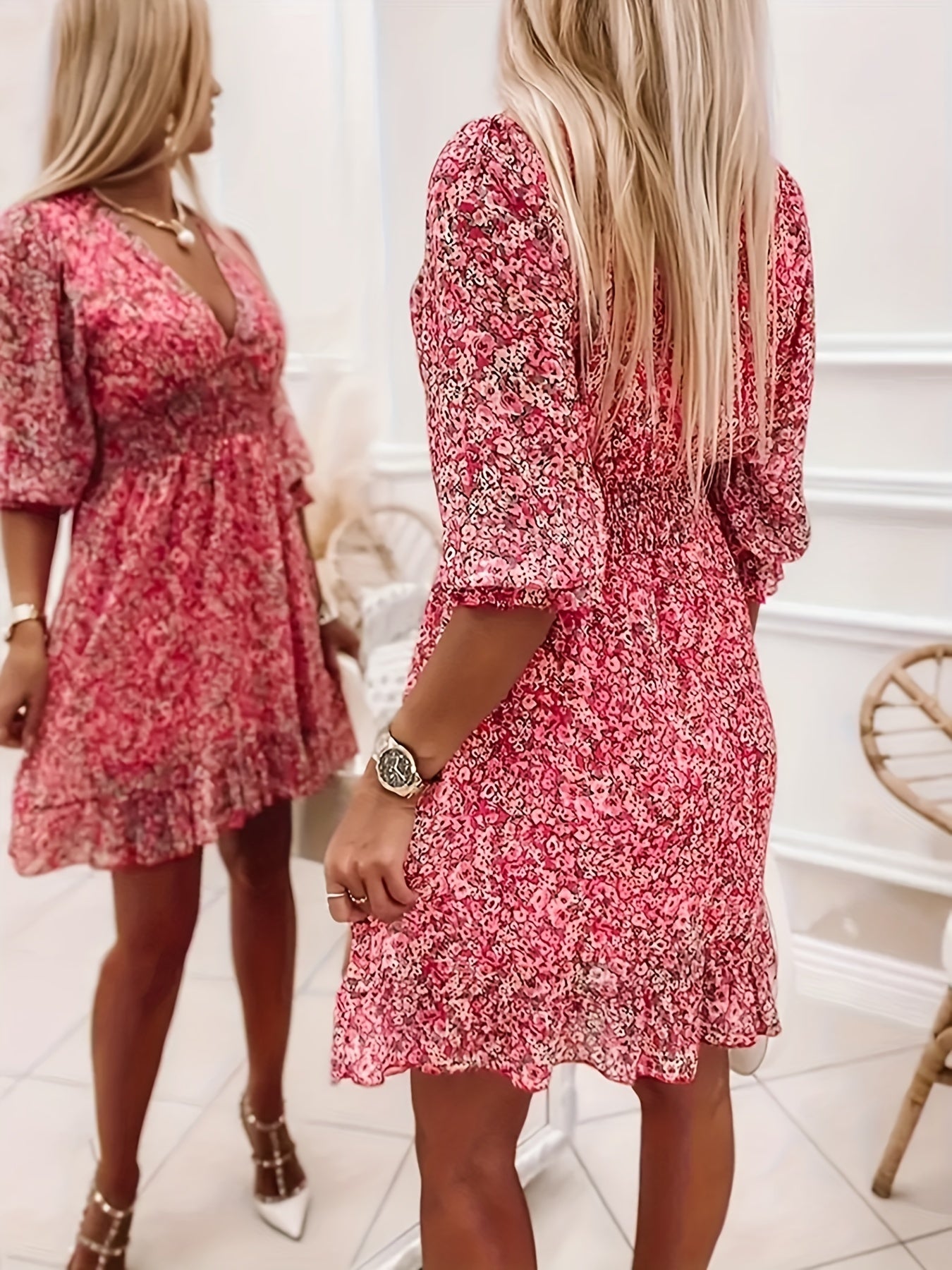 V-neck Printed Dress With Ruffled Waist, Exquisite And Elegant Design-perfect For Spring And Autumn.