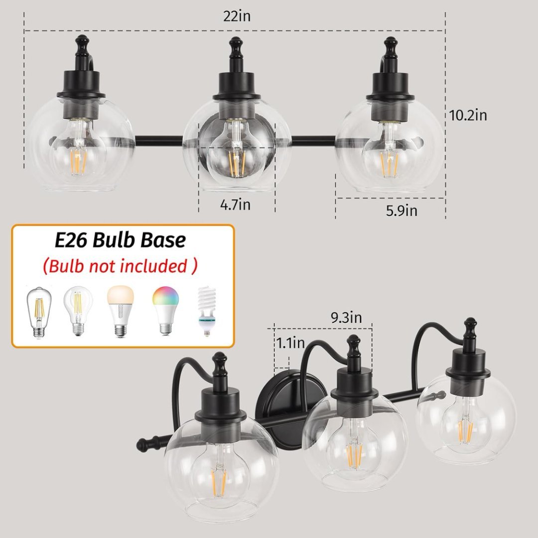 3 Lights Bathroom Vanity Fixture, 22 Inch Bathroom Fixture, Bathroom Lamp Above Mirror With Clear Glass Cover For Living Room And Kitchen, E26 Base