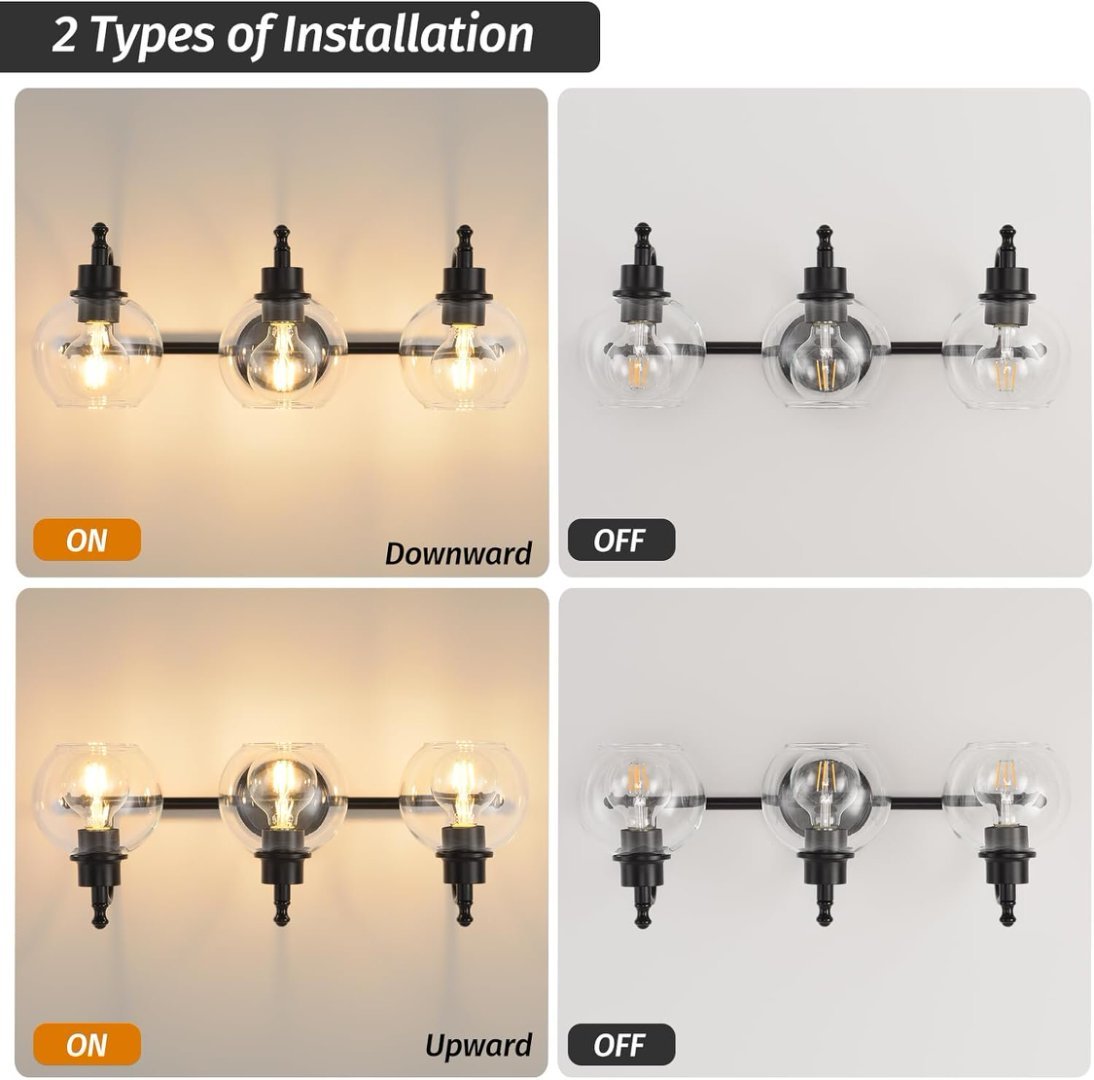3 Lights Bathroom Vanity Fixture, 22 Inch Bathroom Fixture, Bathroom Lamp Above Mirror With Clear Glass Cover For Living Room And Kitchen, E26 Base