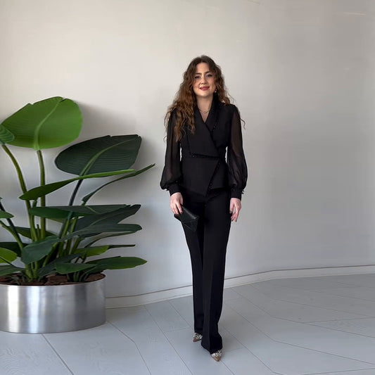 Chiffon Patchwork Blazer Straight-leg Pants Black Suit