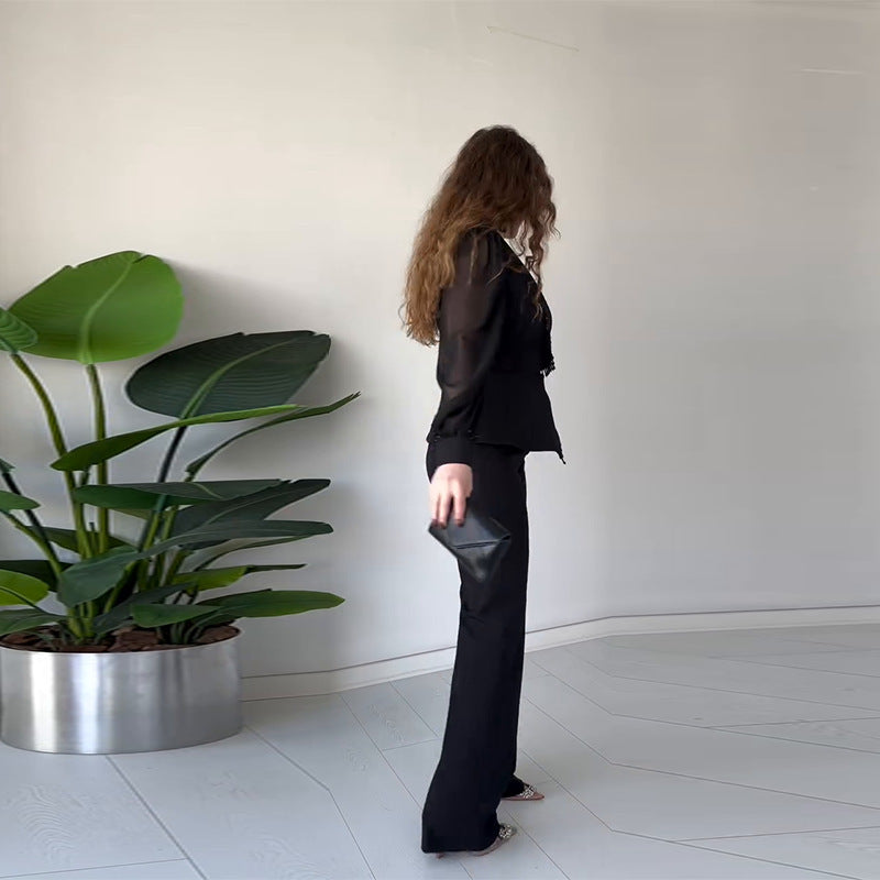 Chiffon Patchwork Blazer Straight-leg Pants Black Suit
