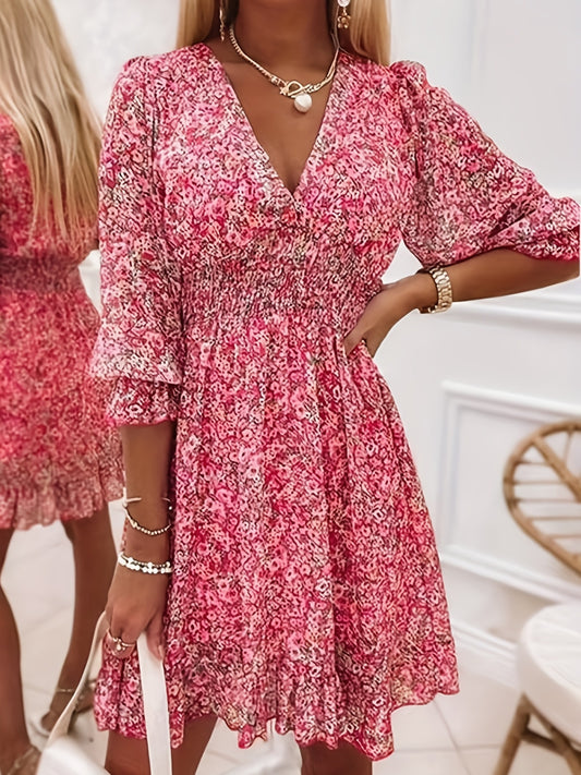 V-neck Printed Dress With Ruffled Waist, Exquisite And Elegant Design-perfect For Spring And Autumn.